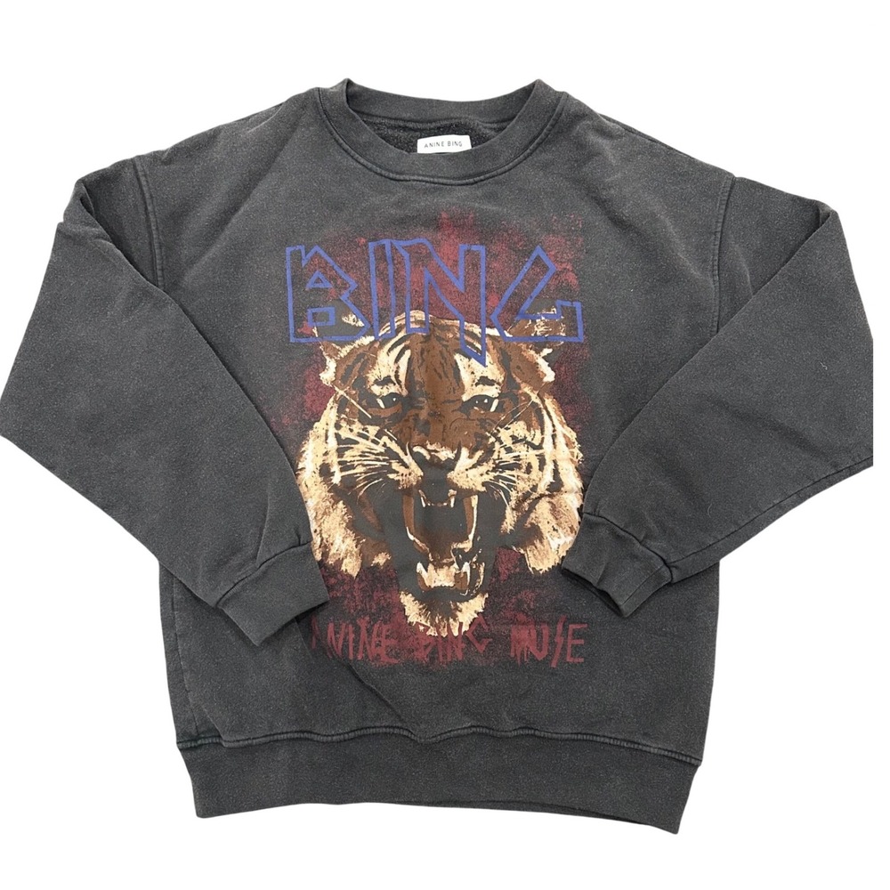 Anine Bing Tiger Sweatshirt Washed Black Organic Cotton Graphic Pullover S